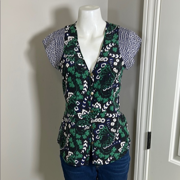 Veronica Beard Willow Silk cap sleeve shirt top Floral V Neck Black Green Sz 2 - Picture 2 of 12